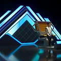 Person On Modern Chair In Blue Geometric Lighting Room With Triangles Lines And Reflective Floor