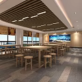 Modern Public Lounge Interior With White Tables Blue Stools Large Windows And Geometric Carpet