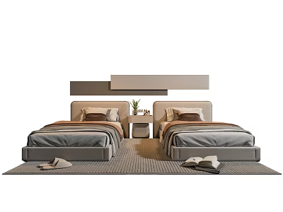 Two Single Beds With Gray Beige Bedding Headboard Design Bedside Table Plant And Rug 3d model