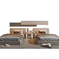 Two Single Beds With Gray Beige Bedding Headboard Design Bedside Table Plant And Rug