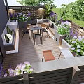 Modern Courtyard Garden with Wooden Deck Outdoor Dining Table Chairs and Colorful Flowers in Planters