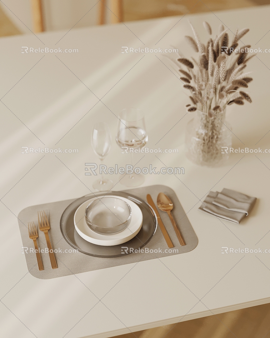 Tableware, dishes, knives and forks, floral art 3d model