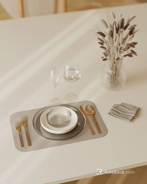 Modern Minimalist Dinnerware Set With Plates Bowls Wine Glasses Cutlery And Placemat 3d model 