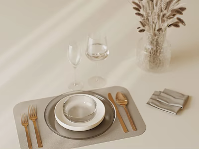 Modern Minimalist Dinnerware Set With Plates Bowls Wine Glasses Cutlery And Placemat 3d model