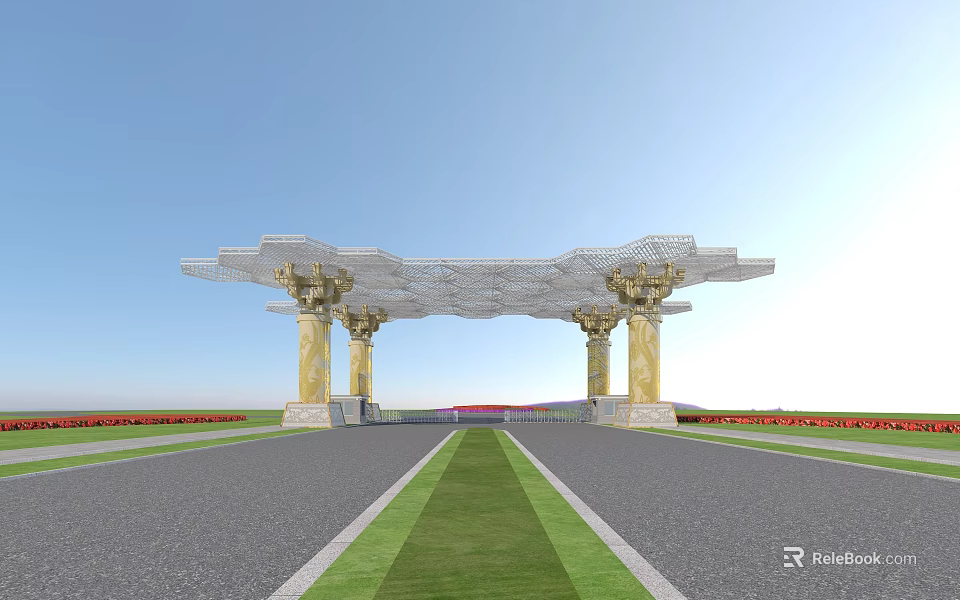 Grand Entrance Gate With Reticulated Canopy Golden Pillars Broad Road And Colorful Flower Beds 3d model 