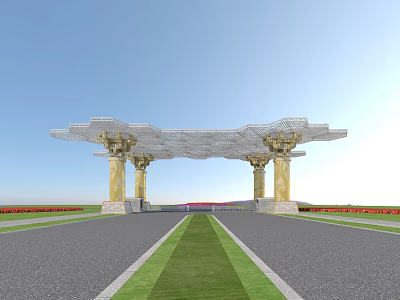 Grand Entrance Gate With Reticulated Canopy Golden Pillars Broad Road And Colorful Flower Beds 3d model