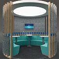 Circular Office Booth With Wooden Frame Table And Chairs And Digital Screen