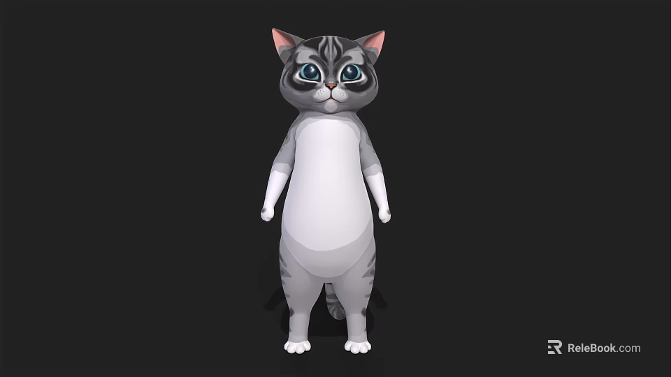 Cute Gray And White Standing Cartoon Cat With Big Eyes 3d model 