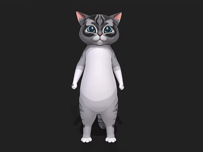 Cute Gray And White Standing Cartoon Cat With Big Eyes 3d model