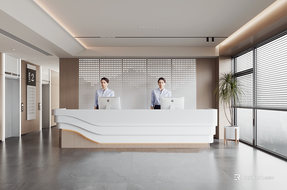 Modern Office Reception With White Curved Desk Two Receptionists Perforated Panel Backdrop And Green Plant 3d model 