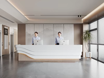 Modern Office Reception With White Curved Desk Two Receptionists Perforated Panel Backdrop And Green Plant 3d model