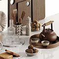 Essential Kitchen Cooking Utensils With Wooden Shelf Toaster Chopping Boards Bowls And Teapot