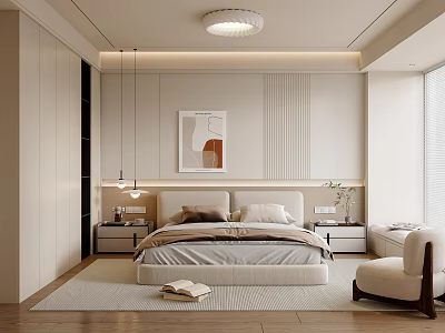 Modern Bedroom Interior Design With Double Bed Pendant Lights Bedside Tables And Area Rug 3d model