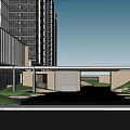 Modern Urban Commercial Complex with High Rise Buildings Central Plaza Green Spaces and Water Features