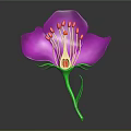 Blooming Vibrant Purple Flower with Pink Stamens Green Stem and Fresh Leaves