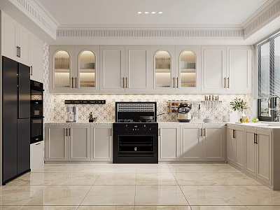 Elegant Modern Kitchen Interior With White Cabinets Black Refrigerator And Oven On Tile Floor 3d model