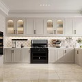 Elegant Modern Kitchen Interior With White Cabinets Black Refrigerator And Oven On Tile Floor