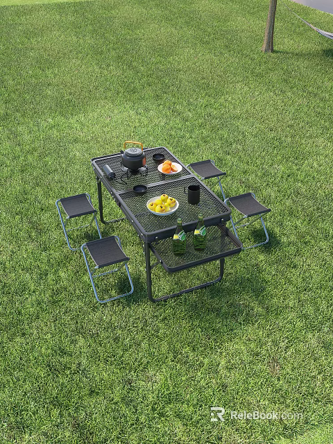 Portable Outdoor Table Set with Stools on Green Grass and Cooking Essentials 3d model 