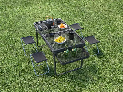 Portable Outdoor Table Set with Stools on Green Grass and Cooking Essentials 3d model