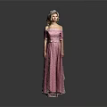 Woman Wearing Pink Off the Shoulder Long Dress with Silver Tiara on Gray Background