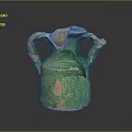 Ancient Carved Green Glazed Ceramic Sculpture With Twisted Handles And Weathered Surface