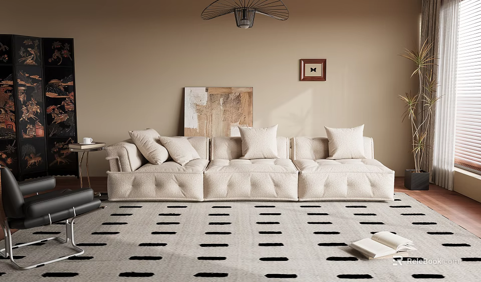 Modern Casual Sofa Set With Soft Cushions Patterned Rug And Decorative Painting 3d model 