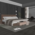 Modern Bedroom Interior Featuring Dark Wooden Walls Upholstered Headboard Table Lamp And Accent Chair