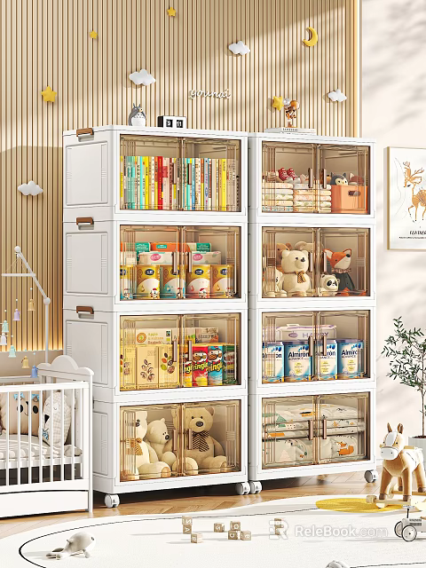 Modern Storage Cabinet Shelf With Transparent Drawers For Books Snacks And Teddy Bears 3d model 