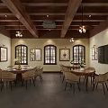 Spacious Conference Room with Long Table Wooden Ceiling Chandeliers and Decorative Paintings