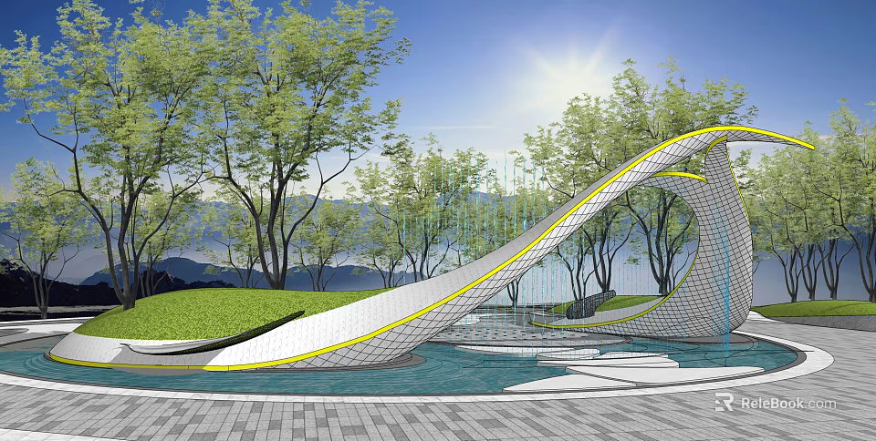 Scenic Modern Curved Water Fountain In Park With Green Lawn Trees And Sunlight 3d model 