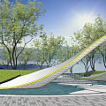 Scenic Modern Curved Water Fountain In Park With Green Lawn Trees And Sunlight