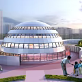 Modern School Building Featuring Circular Roofs Colorful Ground Greenery Near High Rise Buildings And Roads