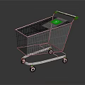 Metal Shopping Cart With Green Handle And Four Wheels On Reflective Surface