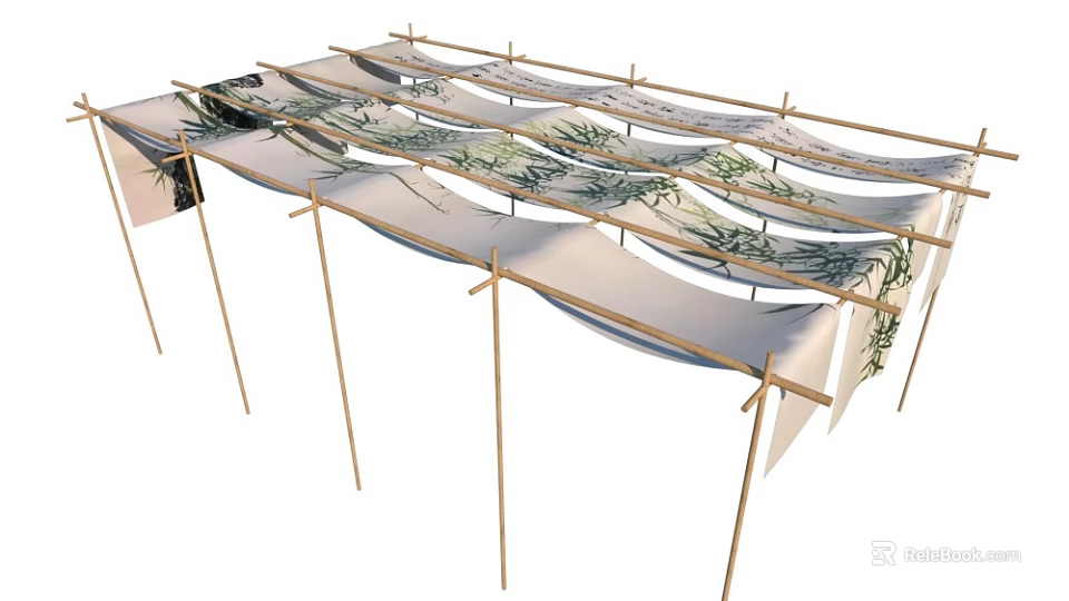 Outdoor Bamboo Sunshade Canopies With Leaf Patterned Fabric For Garden Use 3d model 