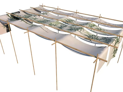Outdoor Bamboo Sunshade Canopies With Leaf Patterned Fabric For Garden Use 3d model