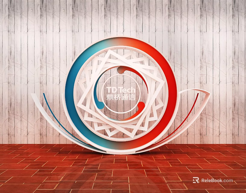 Modern Circular Geometric Design Structure Red Blue White Wooden Wall Red Brick Floor 3d model 
