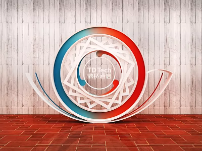 Modern Circular Geometric Design Structure Red Blue White Wooden Wall Red Brick Floor 3d model