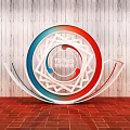 Modern Circular Geometric Design Structure Red Blue White Wooden Wall Red Brick Floor