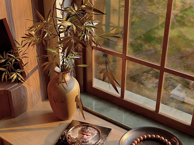 Rustic Decorative Ornaments Set With Ceramic Vase Green Plant And Beaded Bracelet On Window Sill 3d model