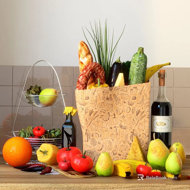 Assorted Fresh Food Baguette Vegetables and Fruits in Decorative Paper Bag with Wine Bottle 3d model 