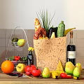 Assorted Fresh Food Baguette Vegetables and Fruits in Decorative Paper Bag with Wine Bottle