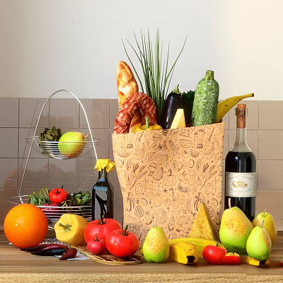 Assorted Fresh Food Baguette Vegetables and Fruits in Decorative Paper Bag with Wine Bottle 3d model