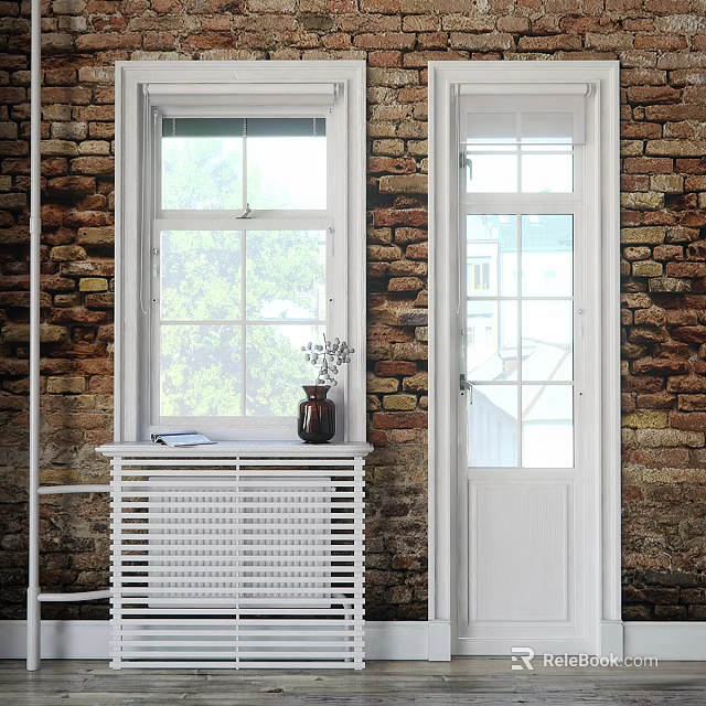 White Frame Casement Window on Brick Wall with Radiator Vase Book and Green Trees View 3d model 