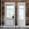 White Frame Casement Window on Brick Wall with Radiator Vase Book and Green Trees View