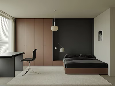 Modern Bedroom Interior Featuring Dark Wall Wooden Wardrobe Black Bed Desk Chair And Light Rug 3d model