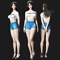 Women In NO BRA CLUB Printed White T-Shirt And Decorative Denim Shorts With Long Hair