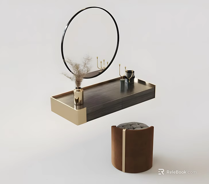 Modern Wooden Dressing Table With Round Mirror Vase Dried Flowers Perfume Bottles And Upholstered Stool 3d model 
