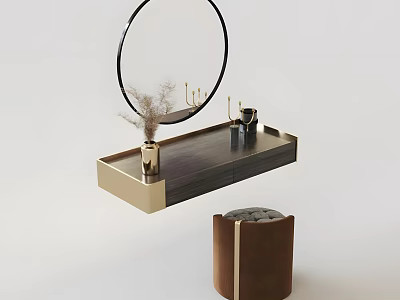 Modern Wooden Dressing Table With Round Mirror Vase Dried Flowers Perfume Bottles And Upholstered Stool 3d model