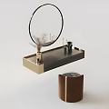Modern Wooden Dressing Table With Round Mirror Vase Dried Flowers Perfume Bottles And Upholstered Stool
