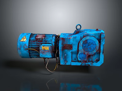 Blue Industrial Gear Motor With Yellow Warning Label And Connected Cable 3d model